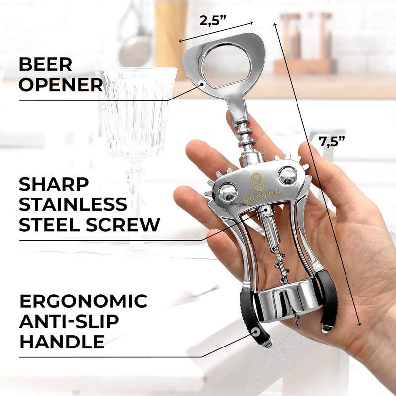 BRAVIGI Premium Wine Opener, Wing Corkscrew - Made w/Heavy Duty Stainless Steel Screw & Zinc Alloy Body - Perfect Corkscrew to Open Wine & Beer Bottles - Great Bootle Opener For Bartenders, Restaurants & Home - Image 5